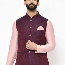 KISAH Men Violet Woven Design Nehru Jacket-14