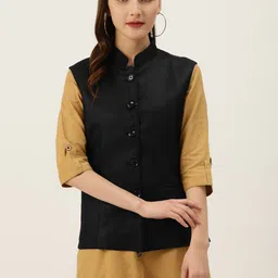 Vastraa Fusion Women Black Textured Nehru Jacket-image-16