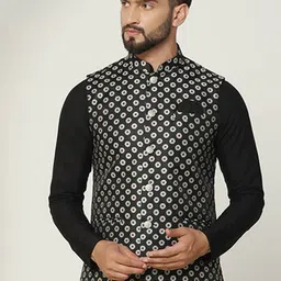 KISAH Printed Nehru Jacket With Pocket Square-15