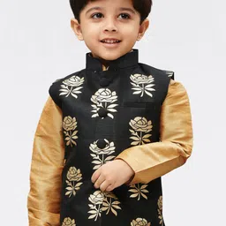 VASTRAMAY Boys Black And Gold Woven Design Printed Slim-Fit Nehru Jacket-31