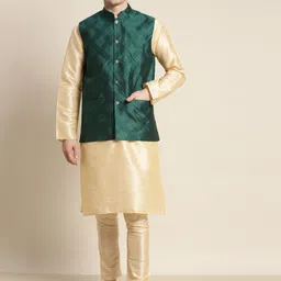 SOJANYA Men Solid Silk Blend Kurta with Churidar & Nehru Jacket-picture-30