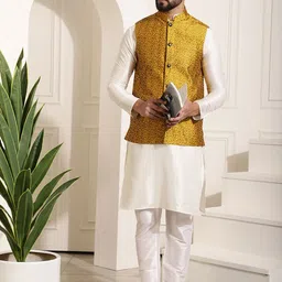 SOJANYA Men Off White Floral Kurta with Churidar & Nehru Jacket-13