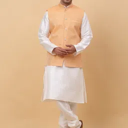 KRAFT INDIA Mandarin Collar Kurta With Churidar & Striped Sequinned Nehru Jacket-image-90