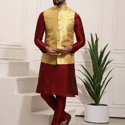 SOJANYA Men Woven Design Kurta with Churidar with Nehru Jacket-18