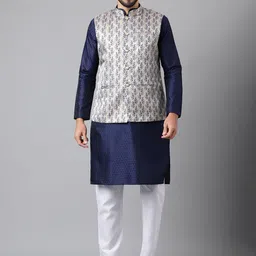 Sangria Blue Geometric Woven Design Straight Kurta With Pyjamas & Nehru Jacket-picture-34