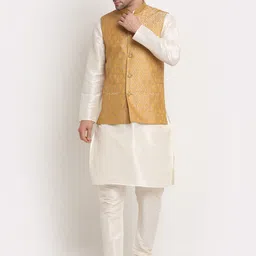 KRAFT INDIA Men Cream-Coloured Solid Kurta & Churidar with Nehru Jacket-image-61