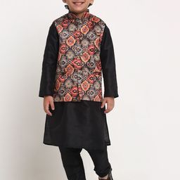 Benstoke Boys Black Ethnic Motifs Printed Kurta with Churidar and Nehru Jacket-picture-13
