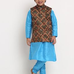 Benstoke Boys Blue Solid Silk Blend Straight Kurta with Churidar  & Nehru jacket-image-69