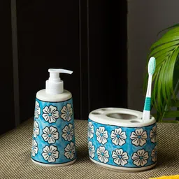 ExclusiveLane Set Of 2 Blue White Floral Printed Ceramic Bathroom Accessories Set-0