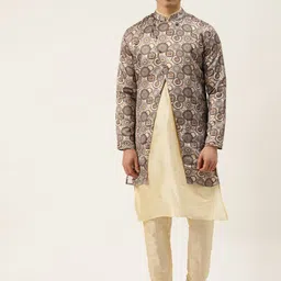 SOJANYA Men Blue Solid Kurta Set With Printed Jacket-picture-18