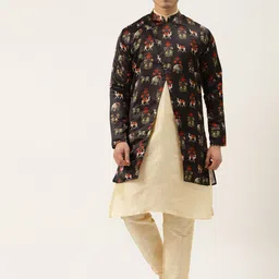 SOJANYA Men Cream-Coloured & Black Solid Kurta with Churidar & Jacket-picture-12