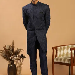 SHRESTHA BY VASTRAMAY Men Navy Blue Self-Design Silk Blend Sherwani Set-image-57