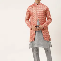 SOJANYA Men Grey & Peach-Coloured Kurta with Churidar-6