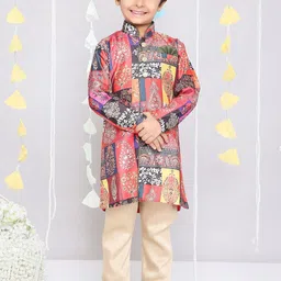 KID1 Boys Printed Mandarin Collar Pure Silk Sherwani Set-29