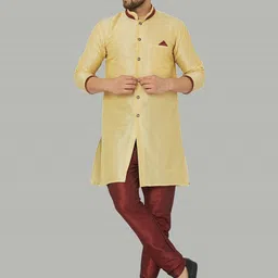 Kaifoo Men Gold-Coloured & Maroon Solid Sherwani Set-image-59