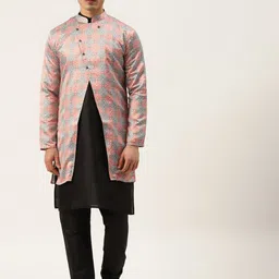 SOJANYA Men Black & Rust Orange Solid Kurta with Churidar & Printed Jacket-picture-12