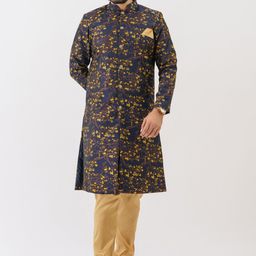 amzira Men Navy Blue & Gold-Coloured Woven-Design Sherwani Set-picture-21