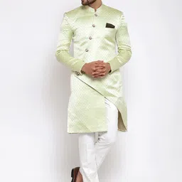 KLOTTHE Men Green & Gold-Toned Woven-Design Sherwani Set-image-5