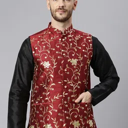 Hangup Men Maroon & Gold-Coloured Embroidered Woven Nehru Jacket-45