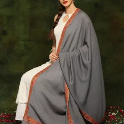 Exotic India Grey Fine Woolen Sozni Embroidered Border Shawl-image-27