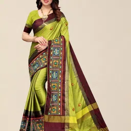 SERONA FABRICS Lime Green & Brown Embellished Kutchi Embroidery Silk Cotton Saree-image-85