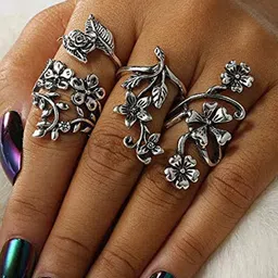 Jewels Galaxy Women Set Of 4 Silver-Plated Floral Contemporary Stackable Finger Rings-image-12