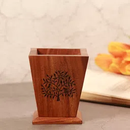 Unravel India Brown Tree of Life Printed Sheesham Wood Stationary Holder-14
