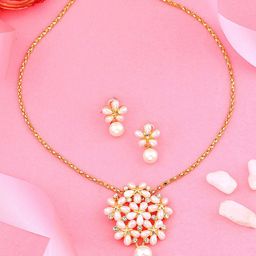 Estele Gold Plated Bouquet Designer Pendant Set with Pearls & Crystals-image-63