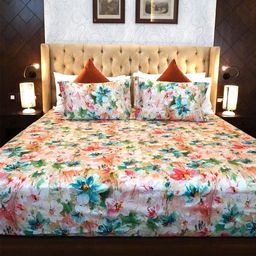 TARA- Sparkling Homes Pink & Green Floral Cotton 350 TC King Bedsheet with 2 Pillow Covers-10