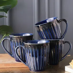MIAH Decor Studio Pottery Navy Blue 4 Pcs Textured Ceramic Glossy Mugs 350 ml Each-image-47