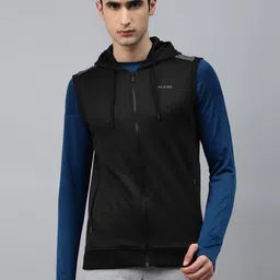 Alcis Men Black Solid Hooded Front-Open Sweatshirt-image-7
