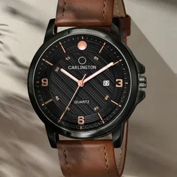 CARLINGTON Men Black Alloy Dial & Multicoloured Leather Straps Analogue Watch CT1050 Tan-Black-2