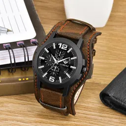 LORENZ Men Brass Patterned Dial & Leather Bracelet Style Straps Analogue Watch MK-4027R-13