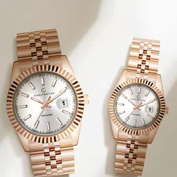 CARLINGTON Unisex His and Her Bracelet Style Straps Analogue Watch 8811 Rose White M +8811-2