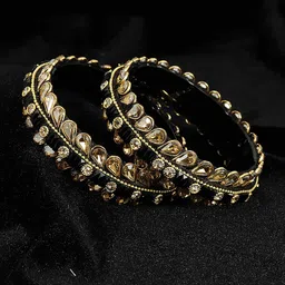 NMII Set Of 2 Zircon & Kundan Stones & Beads Studded Glass Bangles-45