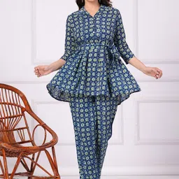 KALINI Printed Shirt Collar Top With Tie up Belt And Printed Trousers Co-Ords-15