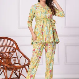 KALINI Printed Collar Top With Tie Up Belt And Printed Trousers Co-Ords-6