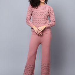 BROOWL Geometric Woven Designed Round Neck Sweater & Flared Trousers  Co-Ords-image-89