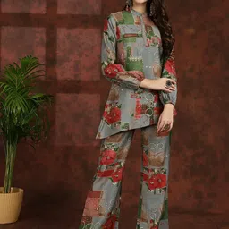 Claura Grey Abstract Printed Mandarin Collar Tunic With Flared Palazzos-50