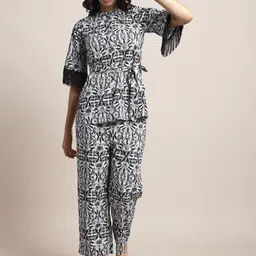 BLANC9 Abstract Printed Mandarin Collar Fringed Sleeve Top With Trousers-picture-30