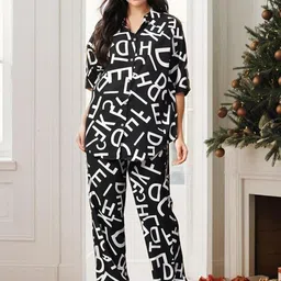 Kotty Black and White Printed Shirt Collar Shirt With Trouser-image-0