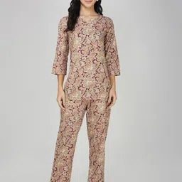 SPARSA Floral Printed Pure Cotton Notch Neck Top With Trousers Co-Ords-image-31