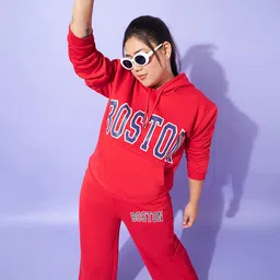SASSAFRAS Curve Plus Size Hooded Neck Typography Printed Sweatshirt With Joggers Co-Ords-2