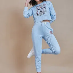 The Roadster Lifestyle Co. Blue Graphic Printed Top With Joggers Co-Ords-image-7