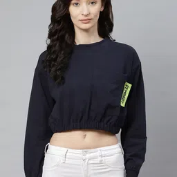 Hubberholme Women Navy Blue Solid Cropped Sweatshirt-image-80