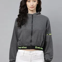 Hubberholme Women Charcoal Grey Solid Hooded Cropped Sweatshirt-picture-11