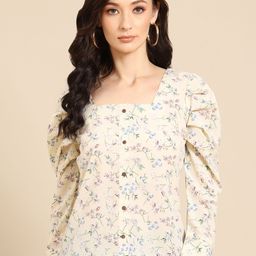 DODO & MOA Cream-Coloured & Green Floral Regular Top-image-72