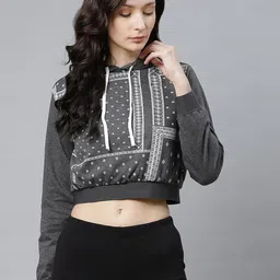 Hubberholme Women Charcoal Grey & White Geometric Print Hooded Cropped Sweatshirt-image-90