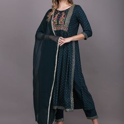 TOULIN Women Blue Ethnic Motifs Embroidered Pleated Kurta with Trousers & With Dupatta-picture-48