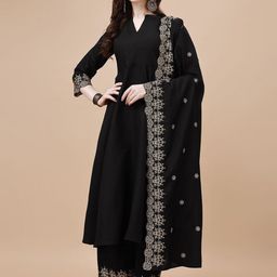 KALINI Ethnic Motifs Embroidered Mandarin Collar Zari Kurta with Palazzos & Dupatta-1